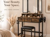 Industrial Dressing Table with Folding Mirror and Stool Vintage Brown Black