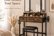 Industrial Dressing Table with Folding Mirror and Stool Vintage Brown Black