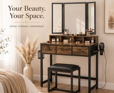 Industrial Dressing Table with Folding Mirror and Stool Vintage Brown Black