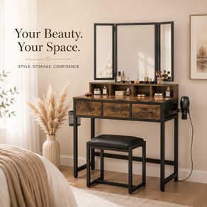 Industrial Dressing Table with Folding Mirror and Stool Vintage Brown Black