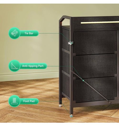 Black Chest of Drawers Bedroom, 8 Large Fabric Drawers, 110x30x88