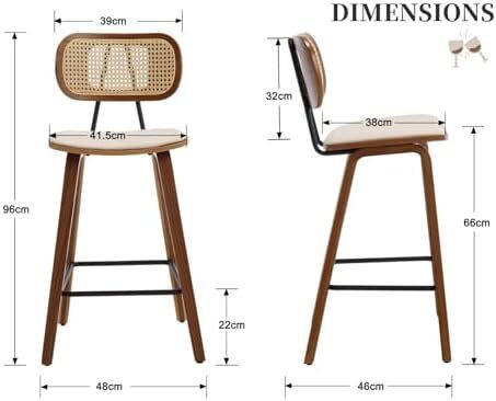 Set of 2 Rattan Bar Stools for Kitchen, Bar Chair, Counter Stool, PU Leather