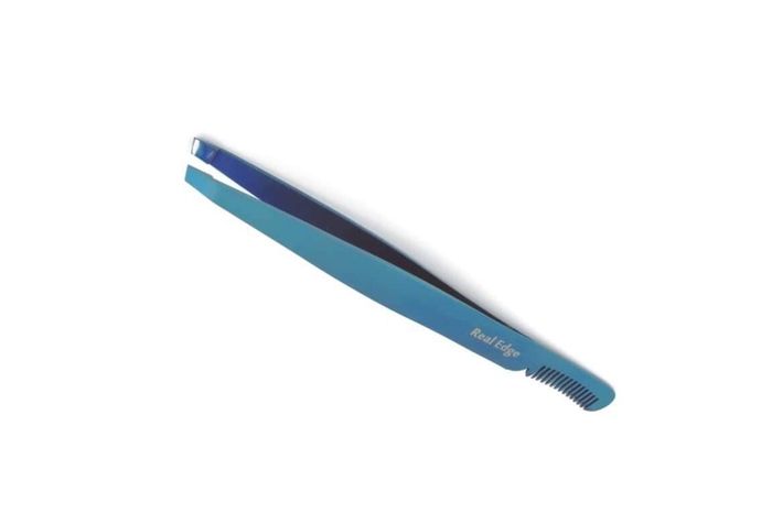 Professional Eyebrow Tweezers with Comb ingrown Hair Plucker Eyelashes Extension Placer Slanted tip Depletion Tool Plucking Tweezers Personal Grooming Instruments Stainless Steel from Real Edge (Blue)