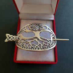 Celtic Tree of Life Hair Barrette Silver Tone Hair Slide with Stick Viking Style Hair Jewelry and Accessories