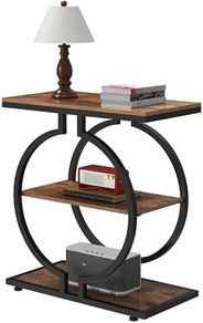 Narrow End Table 3-Tier Round Side Table with Geometric O-Shaped Base Industrial Small Sofa Table