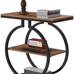 Narrow End Table 3-Tier Round Side Table with Geometric O-Shaped Base Industrial Small Sofa Table