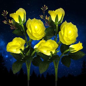 Solar Lights Outdoor Garden, Garden Light Solar Powered with 8 Rose Flowers Garden Ornaments, 2 Pack Yellow Outside Waterproof Solar Garden Lighting for Christmas Gift Valentines Gifts for him