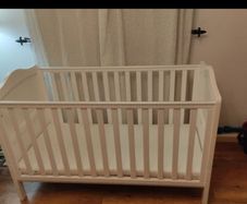 White Baby Cot with mattress with removable washable mattress protector