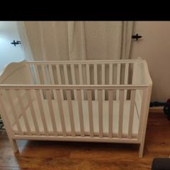 White Baby Cot with mattress with removable washable mattress protector