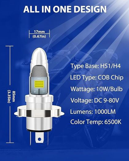HS1 LED Bulbs H4 9003 Motorcycle Headlight Bulbs High Low Beam COB 10W 1000 Lumens DC 9-80V Replacement for 35/35W HS1 Halogen Bulbs