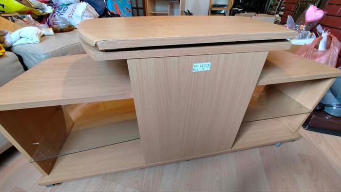 Modern Glass TV Stand/Coffee Table with shelves with wheels - Wood & Glass Design