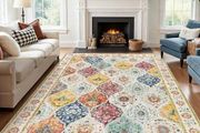 Vintage Washable Rugs Living Room Large 160x230 cm Boho Soft Short Pile Rug Moroccan Carpet Distressed Floral Rugs Non Slip Accent Area Rug for Bedroom Dining Room, Colourful