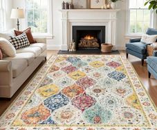 Vintage Washable Rugs Living Room Large 160x230 cm Boho Soft Short Pile Rug Moroccan Carpet Distressed Floral Rugs Non Slip Accent Area Rug for Bedroom Dining Room, Colourful