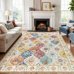 Vintage Washable Rugs Living Room Large 160x230 cm Boho Soft Short Pile Rug Moroccan Carpet Distressed Floral Rugs Non Slip Accent Area Rug for Bedroom Dining Room, Colourful
