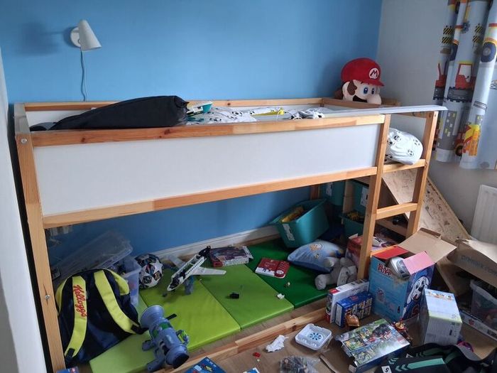 ikea kura kids bed with led lights, storage at end and mattresses