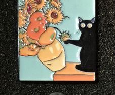 Van gogh / sunflowers and cat ! pin back badge.