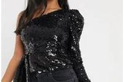 RIVER ISLAND black sequin one shoulder top Sz 10 UK - Bnwt Rrp 65