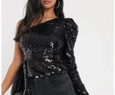 RIVER ISLAND black sequin one shoulder top Sz 10 UK - Bnwt Rrp 65
