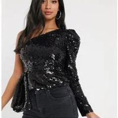 RIVER ISLAND black sequin one shoulder top Sz 10 UK - Bnwt Rrp 65