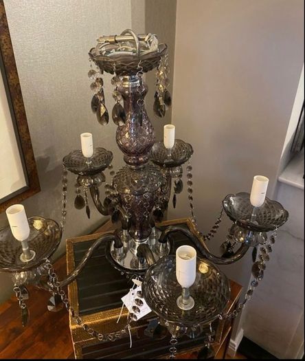 New Mindy Brown fine arts dark Brown chandelier new 2 clear cut glass shades and 2 pink glass shades