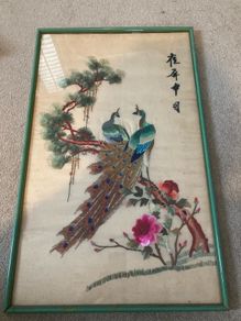 Chinese Silk Peacock Framed Tapestry 1970's