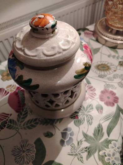 Vintage Hand Panted Cut Out lidded jar plus candle