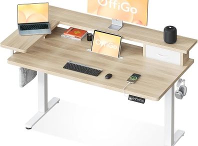 Standing Desk with Drawers, 120cm Height Adjustable Desk, Electric Standing Desk with Monitor Stand, Sit Stand Desk with USB Port, Ergonomic Computer Table for Home Office, Beige