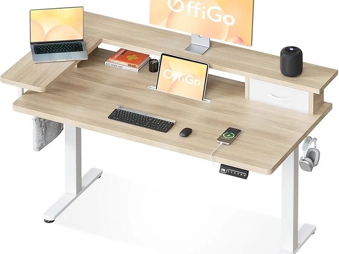Standing Desk with Drawers, ONE PIECE 120cm Height Adjustable Desk, Electric Standing Desk with Monitor Stand, Sit Stand Desk with USB Port, Ergonomic Computer Table for Home Office, Beige