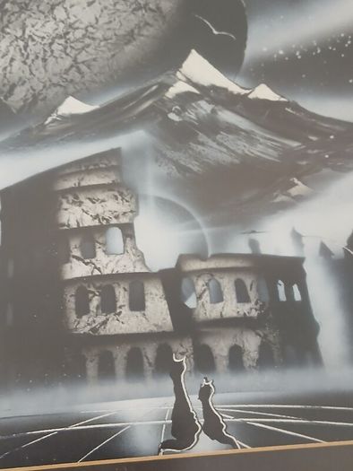 Original Surrealist Spray Paint Art. Professionally Framed 22 x 27 inches.