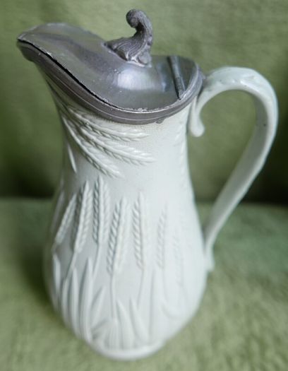 Antique Staffordshire Parian Ware Pitcher: William Brownfield Fern Design, Pewter Lid
