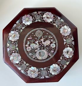 Asian Red Lacquer Wooden Jewellery Box with Mother of Pearl Inlay