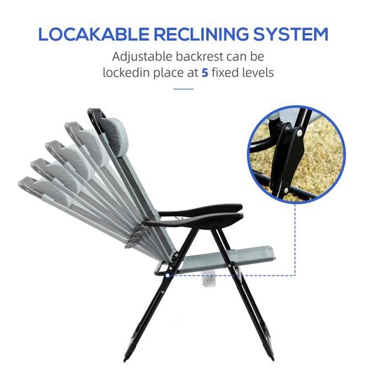 Set of 2 Grey Folding Recliner Chairs, Adjustable Outdoor Patio Lounge Chairs with Headrests and Metal Frames