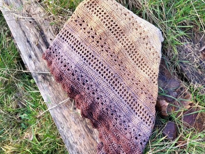 Handmade crochet triangle shawl wrap. Brown and beige ombre lacy shawl