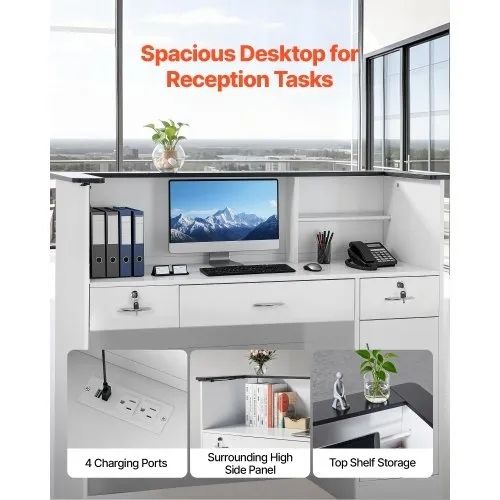 Reception Desk, 127.5cm Rectangular Front Counter Table, Modern Office Reception Desk with Light Strip, 3 Drawers & Storage Cabinets, Retail Counter Table