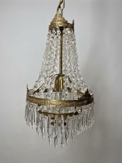 Vintage French Brass & Glass Cascading Chandelier