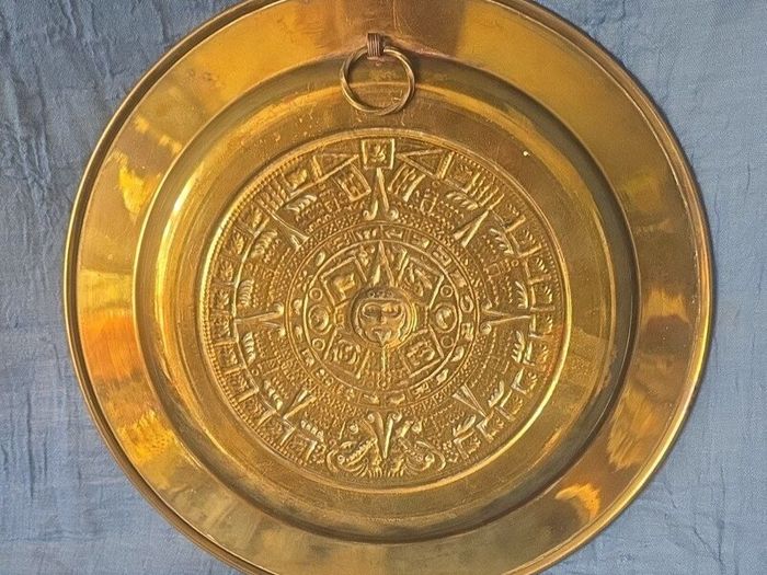 Large vintage brass Aztec calendar wall plate