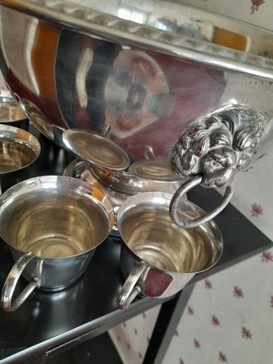 Silver plated punch bowl and cups