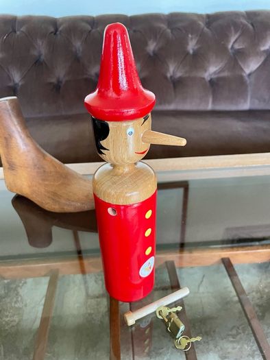 Vintage Tall Wooden Pinocchio Coin Bank with Lock and Keys Red Hand Painted Italy 29 cm