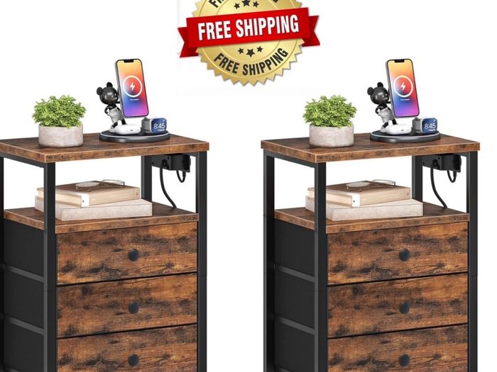 Bedside Table with Charging Station, End Table with 3 Fabric Drawers, Sofa Side Table with USB Ports and Socket, Nightstand for Bedroom, Living Room, Rustic Brown and Black