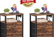 Bedside Table with Charging Station, End Table with 3 Fabric Drawers, Sofa Side Table with USB Ports and Socket, Nightstand for Bedroom, Living Room, Rustic Brown and Black