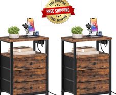 Bedside Table with Charging Station, End Table with 3 Fabric Drawers, Sofa Side Table with USB Ports and Socket, Nightstand for Bedroom, Living Room, Rustic Brown and Black