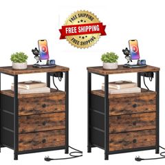 Bedside Table with Charging Station, End Table with 3 Fabric Drawers, Sofa Side Table with USB Ports and Socket, Nightstand for Bedroom, Living Room, Rustic Brown and Black