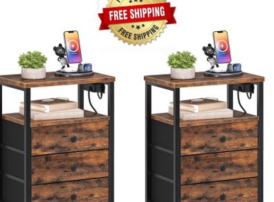 Bedside Table with Charging Station, End Table with 3 Fabric Drawers, Sofa Side Table with USB Ports and Socket, Nightstand for Bedroom, Living Room, Rustic Brown and Black