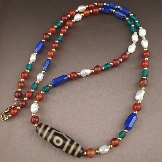 Antique Himalayan Tibetan 3 Eyes Agate Dzi Bead With Mix Lapis,carnelianPearls Necklace