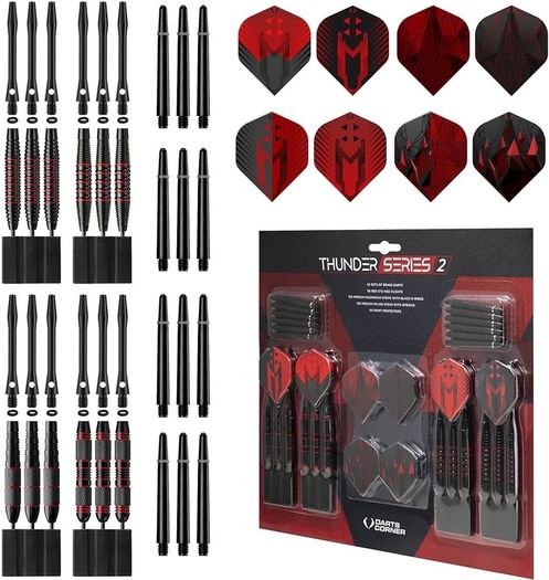 NEW SALE | 48 Piece Steel Tip Dart Set with 21g/22g/23g/24g Barrels, Flights and Aluminium Shafts, Series 2, Black/Red