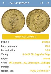 Ireland 1805 Proof 1/2d Halfpenny S-6621 Gilt Engrailed Edge PCGS AU Details