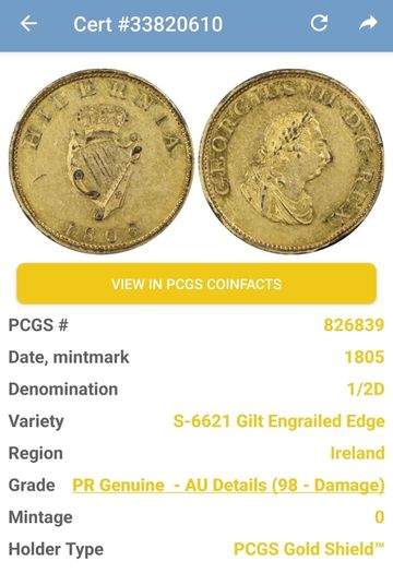 Ireland 1805 Proof 1/2d Halfpenny S-6621 Gilt Engrailed Edge PCGS AU Details