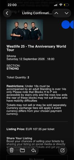 X2 westlife standing tickets for Saturday night 12/09/26
