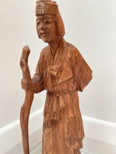 Vintage Wooden hand Carved Asian Figurine old Korean woman with a stick
