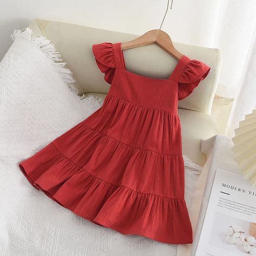 Brand New AGQT Kids Toddler Baby Girls Summer Dress Casual Ruffle Sleeve Leisure Dress Princess Beach Party Dress Red Size 5-6 Years